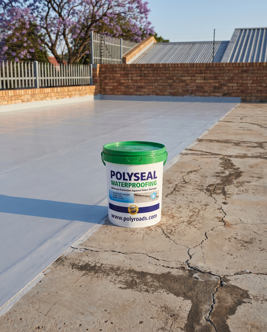 PolySeal Waterproofing Kit on a South African flat concrete roof — cured grey waterproof membrane on one side, bare cracked concrete on the other