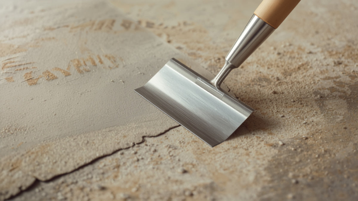 Steel trowel spreading sealant on concrete floor