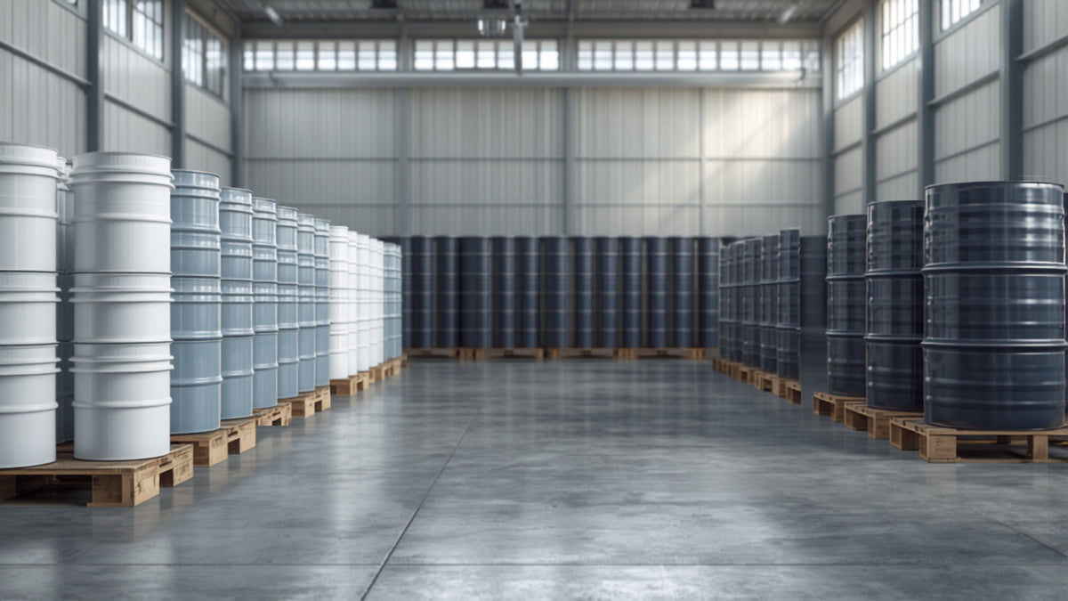 Warehouse with stacked buckets and drums on pallets