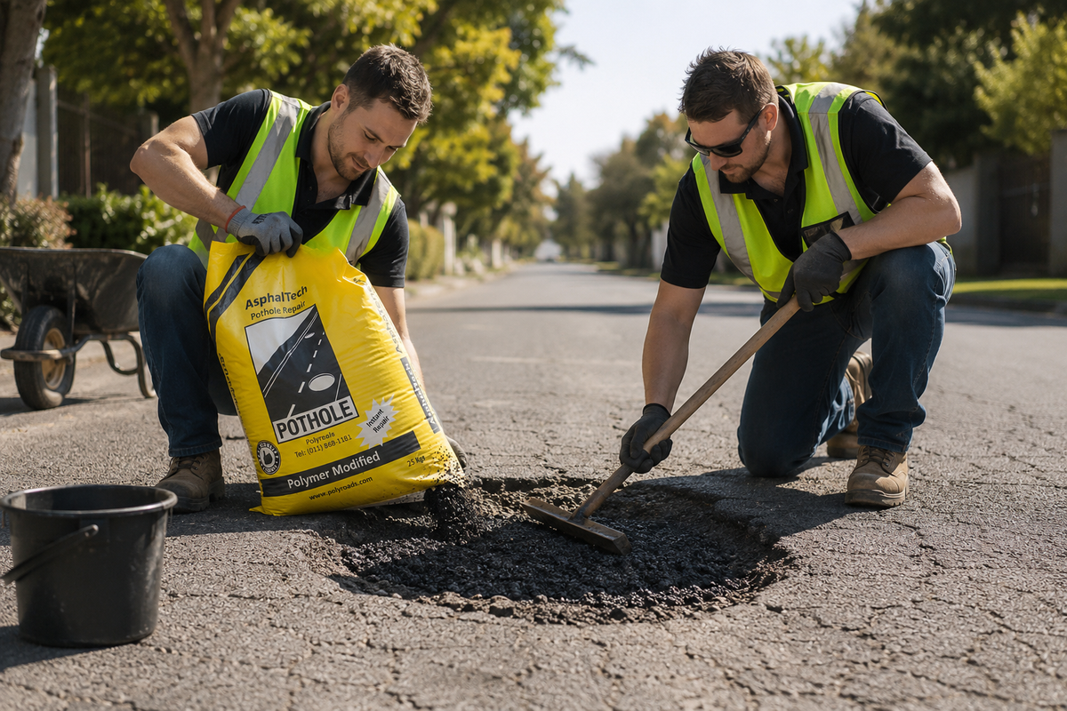 Cold asphalt being compacted into a pothole on a tar road — DIY pothole repair with Polyroads AsphalTech